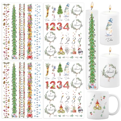 BETESSIN 4x Kerzen Tattoos Folie Weihnachten Advent Kerzen mit Zahlen Rub On Sticker Advent Zahlen Adventskerzen 1-24 Bunte Kerzensprüche Kerzensticker Kerzenaufkleber für Stabkerzen Kerzen Tasse von BETESSIN