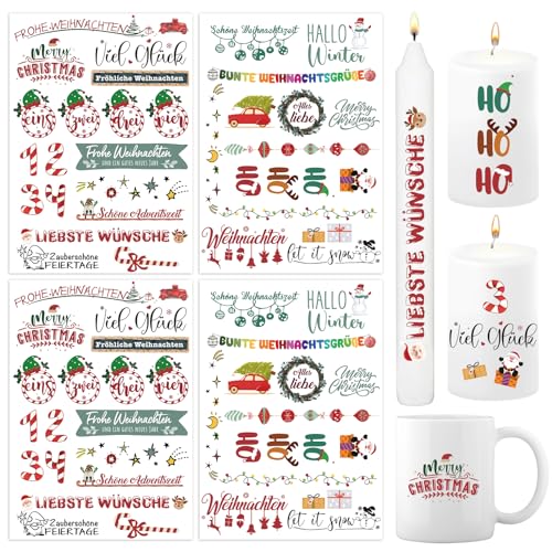 BETESSIN 4x Kerzen Tattoos Folie Weihnachten Advent Kerzentattoo Rub On Sticker Weihnachten Kerzen Verzieren Sprüche Merry Christmas Kerzensticker für Stabkerzen Kleine Kerzen Tasse von BETESSIN