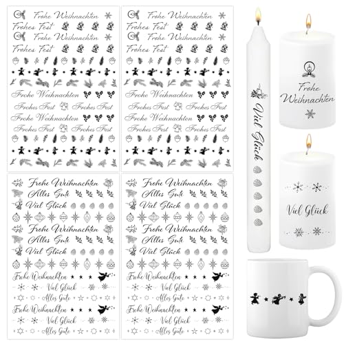 BETESSIN 4x Kerzen Tattoos Folie Weihnachten Kerzentattoo Frohe Weihnachten Rub On Sticker Schwarz Kerzensprüche Merry Christmas Kerzensticker für Stabkerzen Kleine Kerzen Tasse DIY Geschenk von BETESSIN