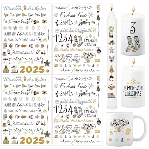 BETESSIN 4x Kerzen Tattoos Folie Weihnachten Kerzentattoo Frohes Neues Jahr 2025 Rub On Sticker Neujahr Weihnachten Advent Zahlen Verzieren Kerzensprüche Kerzensticker für Stabkerzen Tasse Geschenk von BETESSIN