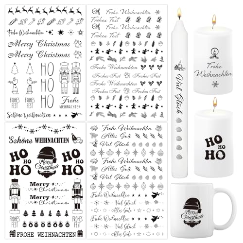 BETESSIN 4x Kerzen Tattoos Folie Weihnachten Kerzentattoo Rub On Sticker Weihnachten Schwarz Kerzenfolie Sprüche Kerzen Verzieren Sticker Aufkleber Kerzensticker Schwarz für Stabkerzen Kerzen Tasse C von BETESSIN