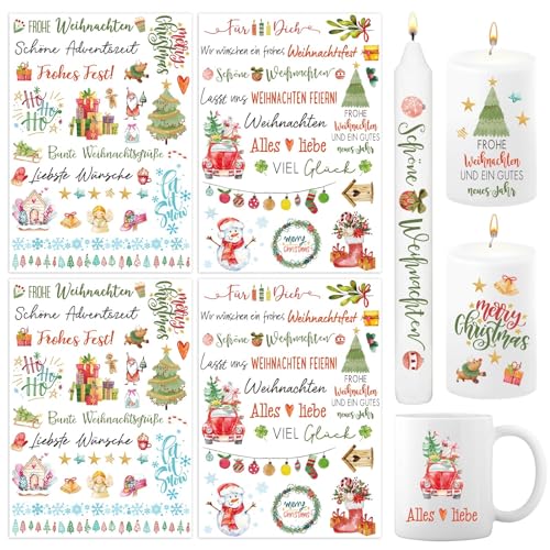 BETESSIN 4x Kerzen Tattoos Folie Weihnachten Kerzentattoo Rub On Sticker Folie Weihnachten Kerzen Sticker Kerzenaufkleber Deutsche Kerzensprüche für Stabkerzen Kleine Kerzen Tasse DIY Geschenk B von BETESSIN