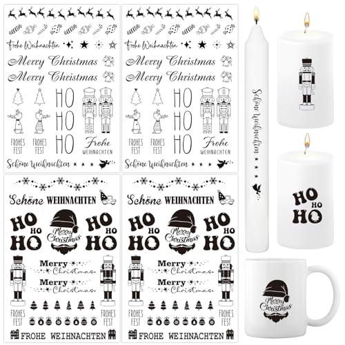 BETESSIN 4x Kerzen Tattoos Folie Weihnachten Kerzentattoo Rub On Sticker Weihnachten Schwarz Kerzenfolie Sprüche Kerzen Verzieren Sticker Aufkleber Kerzensticker Schwarz für Stabkerzen Kerzen Tasse von BETESSIN