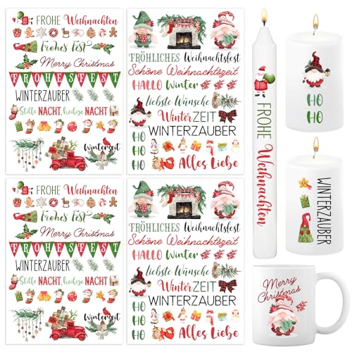 BETESSIN 4x Kerzen Tattoos Folie Weihnachten Kerzentattoo Zwerge Rub On Sticker Weihnachten Bunte Kerzenfolie Sprüche Sticker Aufkleber Merry Christmas Kerzensticker für Stabkerze Kerzen Tasse von BETESSIN