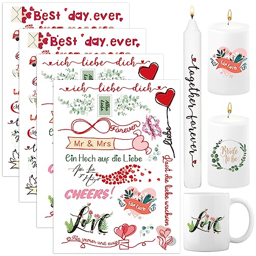 BETESSIN 4x Kerzentattoo Hochzeit Kerzenfolie Sprüche Hochzeitsgeschenke Hochzeitsdeko Sticker Wasserschiebefolie DIY Kerzen Tassen Tattoos Stabkerzen Dekoration Gastgeschenk Tischdeko von BETESSIN