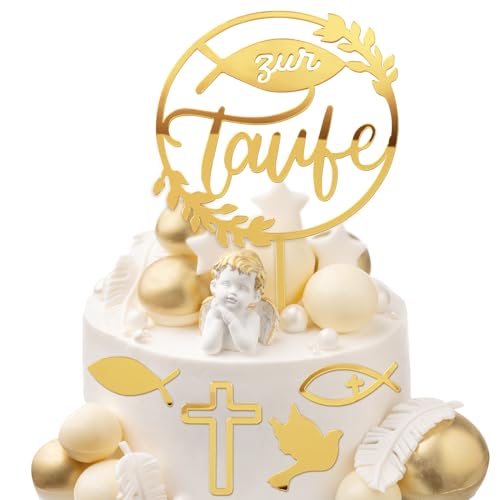 BETESSIN 5pcs Taufe Cake Topper Zur Taufe Tortendeo Acryl Gold Kuchen Topper Kreuz Fisch Taube Kommunion Cupcake Topper Mädchen Junge Tortenstecker Babyshower Kuchen Dekoration von BETESSIN