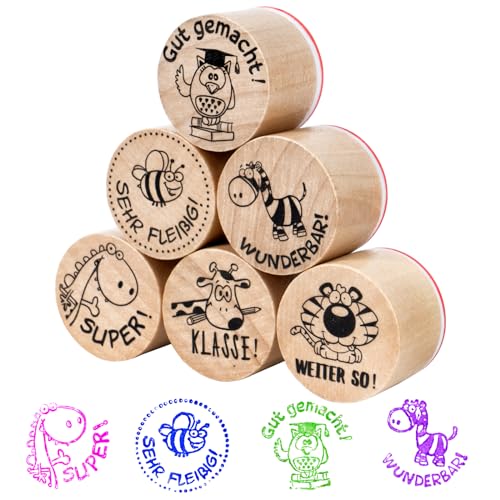 BETESSIN 6 Lehrerstempel Deutsch Stempel Grundschule Holz Stempelset für Lehrer Motivationsstempel Schule Kinder Rund Holzstempel mit Tier-Motiven Motivstempel Biene für Belohnung Motivation von BETESSIN