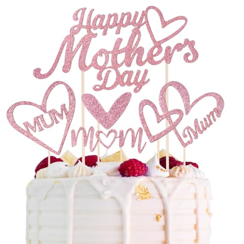 BETESSIN 6 Stück Happy Mother’s Day Cake Topper Muttertag Tortendeko Glitter Rosegold Mom Cupcake Topper Papier Herzform Torte Kuchen Dekoration Tortenstecker von BETESSIN