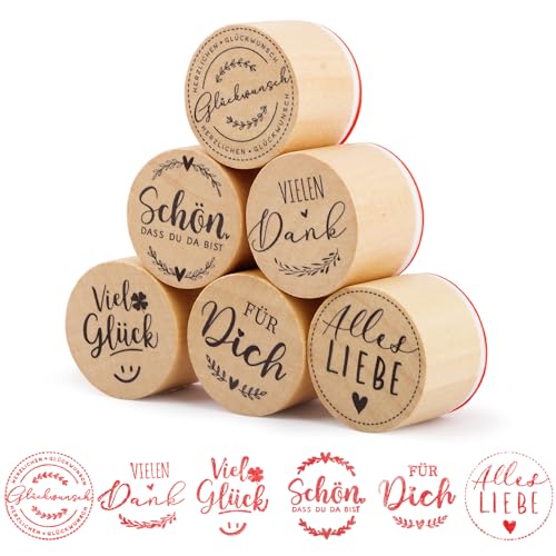 BETESSIN 6Pcs Stempel Holz Vielen Dank Holzstempel zum Basteln Viel Glück Glückwunsch Stempelset Holz Deutsch Sprüche Motivstempel Rund für Kartenbasteln Scrapbooking Bullet Journal von BETESSIN