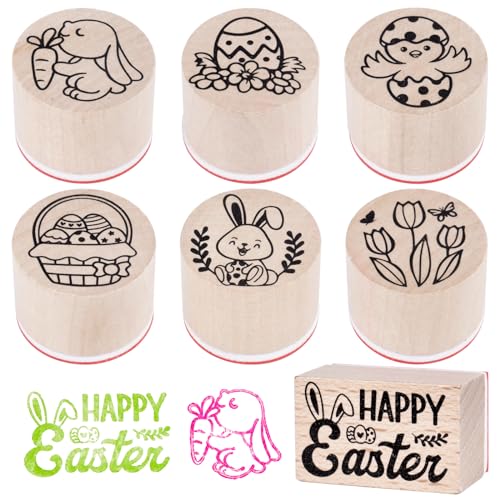 BETESSIN 7Pcs Stempel Holz Ostern Holzstempel Frohe Ostern Stempelset zum Karten Basteln Sprüche Rund Motivstempel Osterhasen Ostereier für Kartenherstellung Scrapbooking Bullet Journal von BETESSIN