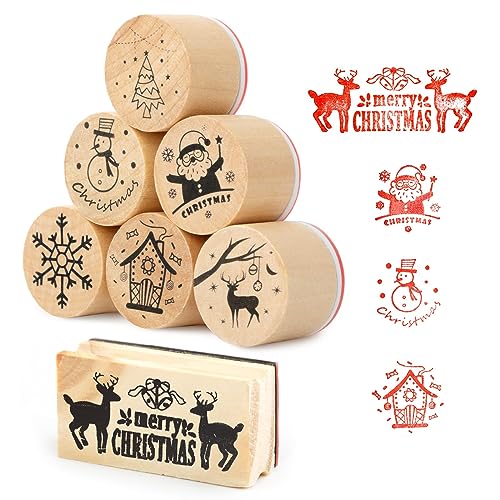 BETESSIN 7Pcs Weihnachten Stempel Holz Rund Holzstempelset Christmas Weihnachtsstempel Klein Motivstempel Kinder für Kartenbasteln Scrapbooking Geschenkpapier von BETESSIN