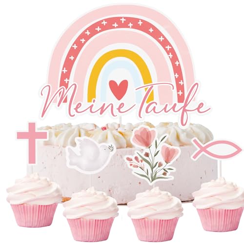 BETESSIN 9er Set Taufe Deko Mädchen Rosa - inkl. Meine Taufe Cake Topper im Boho-Regenbogen Stil und 8 Cupcake Topper mit 4 Mustern - Tortendeko Taufe Mädchen - Kuchendekoration für Mädchen und Jungen von BETESSIN