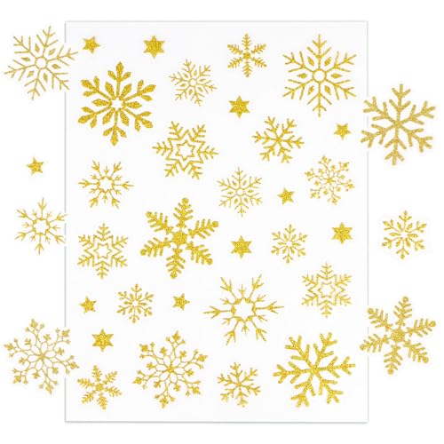 BETESSIN Aufkleber Weihnachten - 140 Stück Schneeflocken Aufkleber Gold-Glitzer - Schneeflocken Deko Weihnachten - Selbstklebende Weihnachtssticker für Scrapbooking und Weihnachtsdeko zum Basteln von BETESSIN