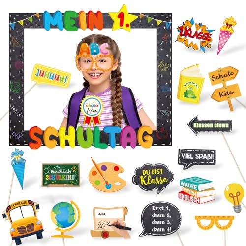 BETESSIN Einschulung Fotobox Accessoires - inkl. MEIN 1. Schultag Fotorahmen und 20 Einschulung Foto Requisiten - Schuleinführung Deko - Schulanfang Photo Booth für Einschulung Mädchen und Jungen von BETESSIN