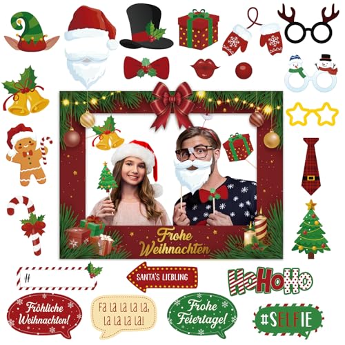 BETESSIN Fotobox Accessoires Weihnachten - inkl. Frohe Weihnachten Fotorahmen und 24 Foto Requisiten - Foto Booth Props für Weihnachtsdeko, Weihnachtsaccessoires und Weihnachtsfeier Deko von BETESSIN