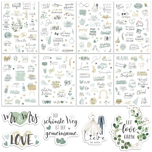 BETESSIN Hochzeit Aufkleber Gästebuch Hochzeit Sticker Fotoalbum Aufkleber 240 Motive Scrapbooking Sticker Eukalyptus Grün Vintage Umschlag Sticker Bullet Journal Sticker Hochzeitsdeko von BETESSIN