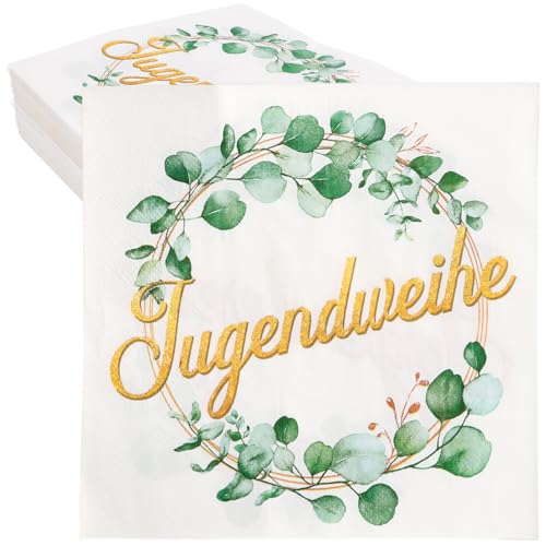 BETESSIN Jugendweihe Deko Grün Gold - 40 Stück Servietten zur Jugendweihe - Papierservietten mit Eukalyptus Design - Jugendweihe Tischdeko für Junge und Mädchen von BETESSIN