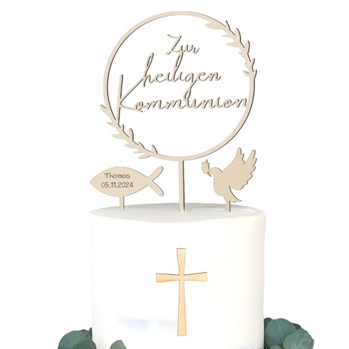 BETESSIN Tortendeko Kommunion Holz - inkl. Zur heiligen Kommunion Cake Topper, 1 Fisch und 1 Taube Tortenstecker - Erstkommunion Kuchendekoration für Mädchen und Jungen von BETESSIN