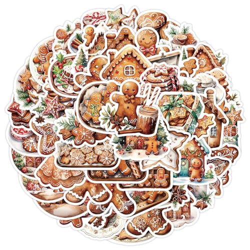 BETESSIN Lebkuchenmann Aufkleber Weihnachten - 50 Stück 6cm Weihnachtssticker Selbstklebend - Weihnachtsaufkleber zum Basteln von Weihnachtskarten, Adventskalender, Scrapbook, Laptop usw. von BETESSIN