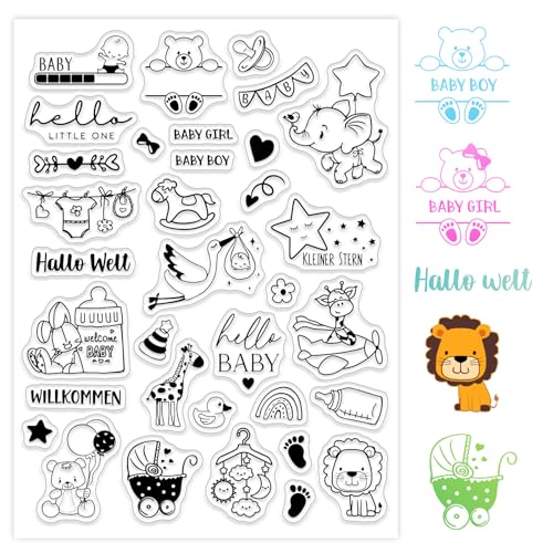 BETESSIN Silikon Stempel Baby Clear Stempel Silikonstempel Hello Baby Klare Stempel Set Stempelmotive Clear Stamps Babyparty Sprüche Deutsch zum Kartenbasteln DIY Scrapbooking Fotoalbum Gastgeschenk von BETESSIN