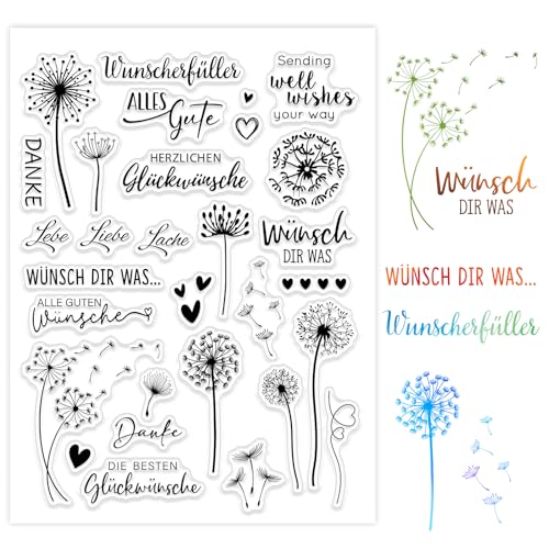 BETESSIN Silikon Stempel Sprüche Deutsch Pusteblume Klare Stempel Glückwunsch Wunscherfüller Stempelmotive Löwenzahn Clear Stamps zum Kartenbasteln DIY Scrapbooking Fotoalbum Geschenkanhänger von BETESSIN