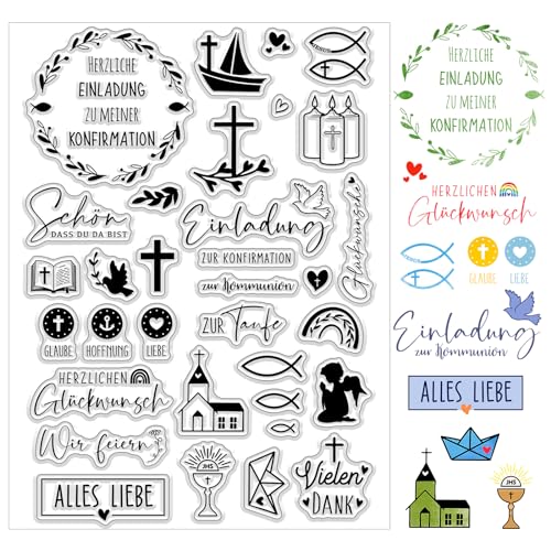 BETESSIN Silikon Stempel Taufe Silikonstempel Kommunion Klare Stempel Set Konfirmation Stempelmotive Clear Stamps Sprüche Deutsch zum Kartenbasteln DIY Scrapbooking Fotoalbum Geschenkanhänger von BETESSIN