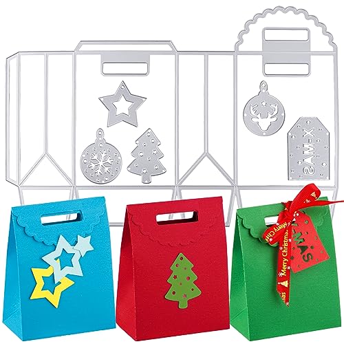 BETESSIN Stanzschablone Weihnachten Box Schachteln Stanzform Geschenktüte mit Griff Süßigkeiten Candy Boxen Tasche Christmas Cutting Dies mit Etiketten DIY Adventskalender Tüten Geschenktasche 10cm von BETESSIN