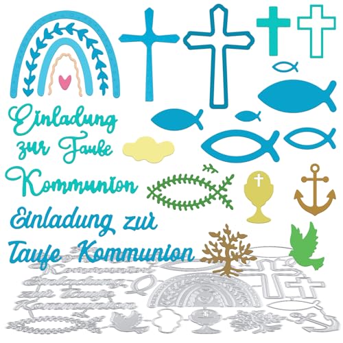 BETESSIN Stanzschablonen Einladung zur Taufe Kommunion Stanzform Schriftzug Einladung Fisch Kreuz Taube Stanzbögen Kartenbasteln Grußkarte Metall Cutting Dies Scrapbooking Stanzen Prägeschablonen von BETESSIN