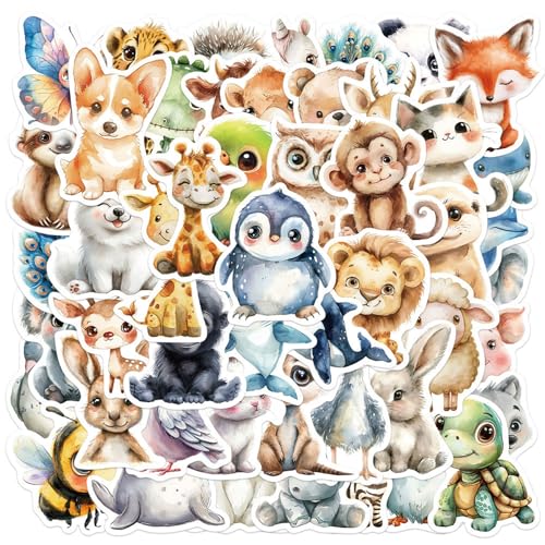 BETESSIN Tiere Sticker Set - 50 Stück Vinyl Stickers mit Niedlichen Aquarellen Tiere Motiven - Wasserfeste Aufkleber für Laptop, Telefon, Kindle, Wasserflasche, Fahrrad, Koffer, Scrapbook, Fotoalben von BETESSIN