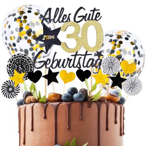 BETESSIN Torten Deko 30 Geburtstag Alles Gute zum Geburtstag 30 Jahre Happy 30th Birthday mit Ballon Herze Sterne Cake Topper Kuchen Topper Kuchendeko 30 Geburstagstorte Gold Schwarz Frauen Männer von BETESSIN