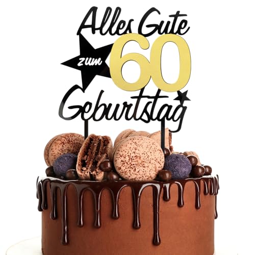 BETESSIN Torten Deko 60 Geburtstag Alles Gute zum Geburtstag 60 Jahre Kuchen Topper Acryl Happy 60th Birthday Cake Topper Spiegeleffekt Kuchendeko 60 Geburstagstorte Deko Gold Schwarz Frauen Männer von BETESSIN