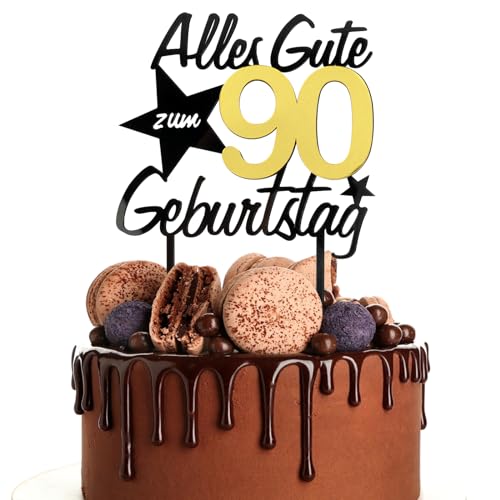 BETESSIN Torten Deko 90 Geburtstag Alles Gute zum Geburtstag 90 Jahre Kuchen Topper Acryl Happy 90th Birthday Cake Topper Spiegeleffekt Kuchendeko 90 Geburstagstorte Deko Gold Schwarz Frauen Männer von BETESSIN