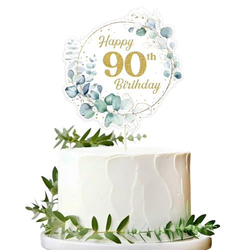 BETESSIN Torten Deko 90 Geburtstag Happy 90th Birthday Eukalyptus Alles Gute zum Geburtstag 90 Jahre Gold Tortendeko Cake Topper Kuchen Topper Kuchendeko 90 Geburstagstorte Deko Männer Frauen von BETESSIN