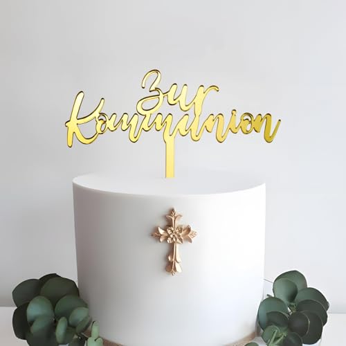 BETESSIN Tortendeko Kommunion - Zur Kommunion Tortenstecker aus Acryl - Erstkommunion Cake Topper Gold - Kommunion Deko für Junge & Mädchen von BETESSIN