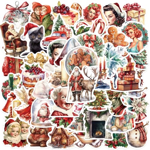 BETESSIN Vintage Aufkleber Weihnachten - 50 Stück Weihnachtssticker mit Ästhetische Retro Mustern - Wasserfeste Vinyl Weihnachtsaufkleber zum Gestalten von Weihnachtskarten, Scrapbook, Laptop usw. von BETESSIN