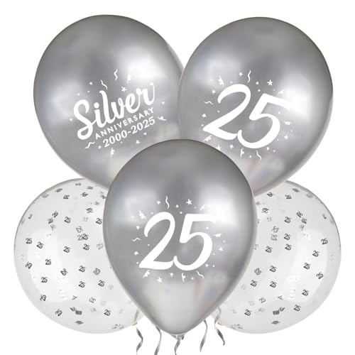 BETESSIN 24 Stück Silberhochzeit Luftballons in 3 Stilen - inkl. Silber Metallic Ballons, Ballons mit der Zahl 25 und Konfetti-Ballons für das 25. Jubiläum, 25. Geburtstag, Silberhochzeit Deko uvm. von BETESSIN