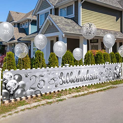 Silberhochzeit Deko Banner 270x35cm 25. Hochzeitstag Partybanner Polyester und 12 Pcs Latex Luftballons (12 Zoll) Hängende Dekoration für Silberhochzeit 25. Jubiläum 25. Hochzeitstag usw. von BETESSIN