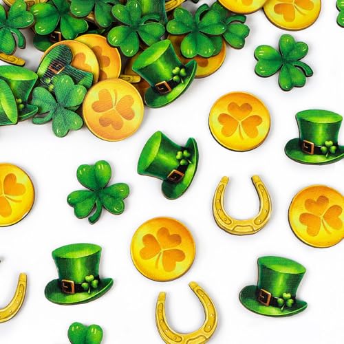 St. Patrick's Day Holz-Konfetti, grüner Hut, Tischdekoration, glänzendes Kleeblatt, für Partybedarf, DIY, Glücksgeschenk von BETESSIN