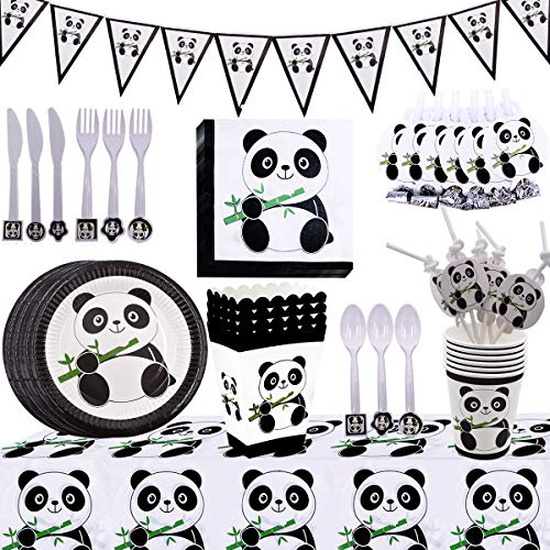 Panda-Dekorationsset für Geburtstagsparty, BETOY 94 pcs Panda Party Geschirr Geburtstagsdekoration Panda Pappteller Tassen Servietten Tischtuch Banner von BETOY