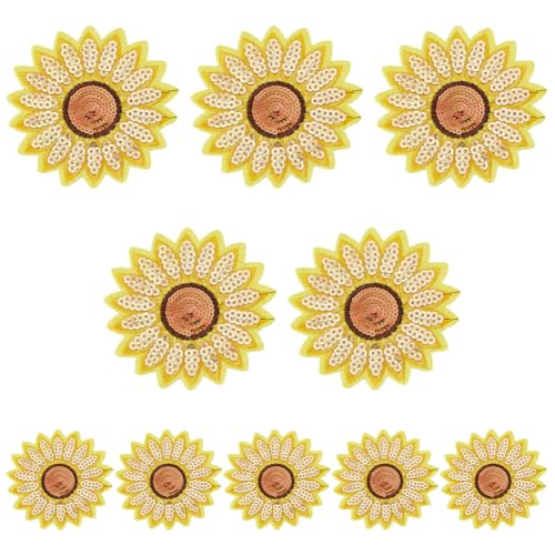 BEUNITONE 10 Stück Sonnenblumen Pailletten Aufnäher Goldene Glitzernde Pailletten Sonnenblume Zum Aufnähen Und Aufbügeln Applikations Reparatur Flicken Applikationen Für Hemden Jacken Rucksäcke Hüte von BEUNITONE