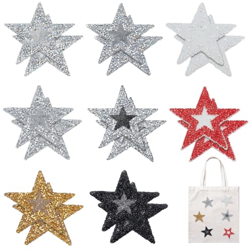 BEUNITONE 16 Stück 8 Stile Bügelbilder Stern Patches Selbstklebende Stern Patches Glitzer Strass Patches Bling Applikationen Stern Form Applikationen Patch für DIY Handwerk Kleidung Jeans Reparatur von BEUNITONE