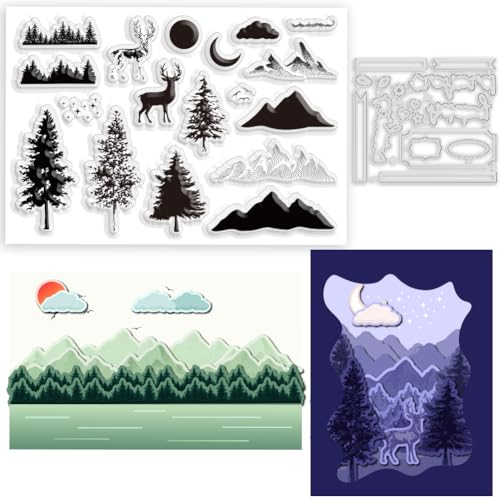 BEUNITONE 2 Stück Wald Transparent Briefmarken Und Sterben Satz Sonne Mond Sterben Schnitte Vogel Silikon Stempel Berg Szene Stempel Zum Diy Scrapbooking Karte Herstellung von BEUNITONE