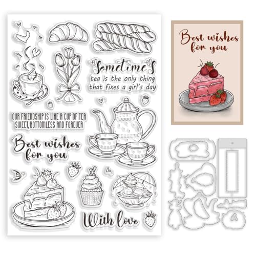 BEUNITONE 2 Teekanne Teetasse Transparente Stempel Stanzformen Zum Basteln von Karten Blumen Brot Dessert Transparenter Silikonstempel Und Stanzformen Set Zum Basteln von Weihnachts Geburtstagskarten von BEUNITONE