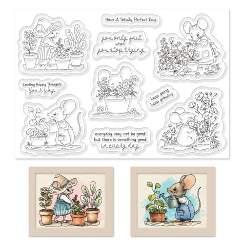 BEUNITONE 2Stück Süße Maus Im Garten Blumen Pflanzen Klare Stempel Für Scrapbooking DIY Basteln Tiere Stempel Und Stanzformen Für Die Kartengestaltung Gartenfreunde Klare Stempel Stanzformen Set Happy von BEUNITONE