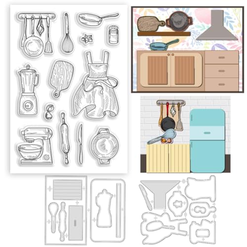 BEUNITONE 3 Stück Küche Töpfe Schneiden Stirbt Kochen Werkzeug Transparent Stempel Schürze Stempel Und Sterben Satz Kuchen Silikon Stempel Spachtel Pfanne Schablonen Zum DIY-Karte Herstellung von BEUNITONE