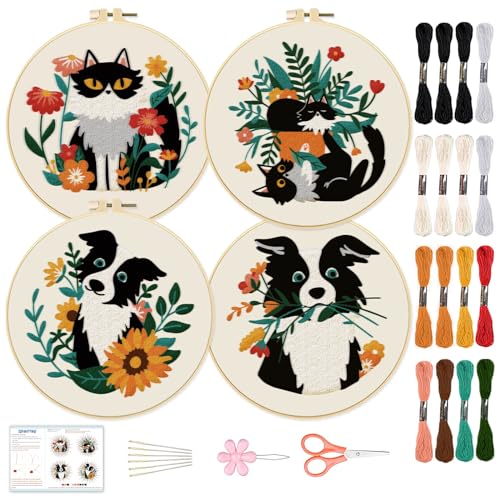 BEUNITONE 4 Set Stickset Mit Katze Und Hund Für Anfänger Handnäh Sticksets Mit Katzen Und Hundemuster Nadelspitze Set Mit Bunten Fäden Nadeln Anleitung von BEUNITONE