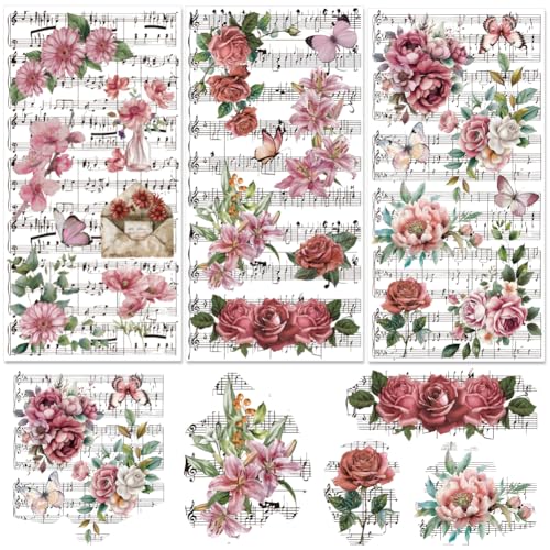 BEUNITONE Blumen Abziehbilder Zum Basteln 3 Stück Möbel Musiknoten Abziehbilder Vintage Rose Blume Musik Schmetterlinge Buchstaben Abziehbilder Zum Aufreiben Für Holz DIY Papier Heimdekor 11.8 x 5.9'' von BEUNITONE