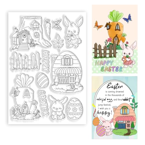 BEUNITONE Frohe Ostern Haus klar Briefmarken für die Kartenherstellung 8.3x11.7" Bunny Egg Transparent Stamps Blume Schmetterling Karotte Silikonstempel für DIY Scrapbooking Crafting Journaling von BEUNITONE