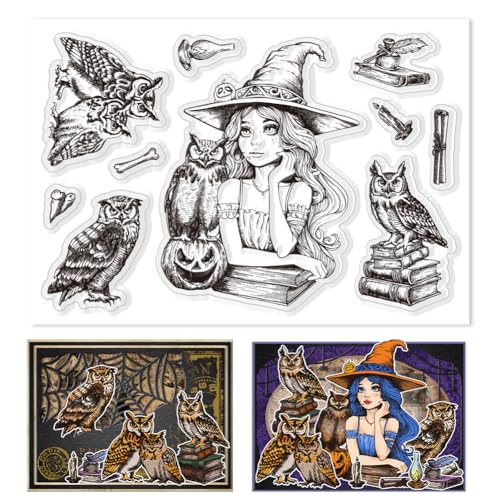 BEUNITONE Halloween Hexe und Eule Hintergrund Klare Stempel für Kartenherstellung Magische Zauberin Transparente Silikonstempel für DIY Scrapbooking Fotoalbum Journaling Papier Basteln Dekor von BEUNITONE