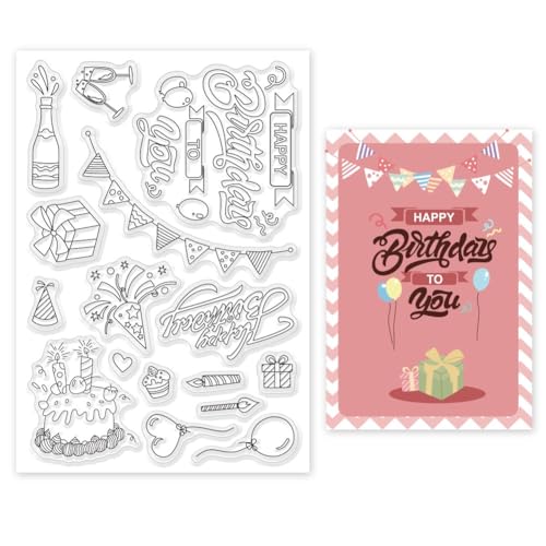 BEUNITONE Happy Birthday Stempel für Kartenherstellung Torte Clear Stamps Ballon-Geschenk-Box-Gummistempel Ribbon Geburtstagskerzen Transparente Stempel Banner-Silikonstempel für Scrapbooking von BEUNITONE